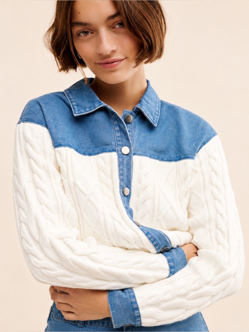 Dolan Anthropologie Denim Cable Knit Jacket Womens Medium Boho Preppy Fall